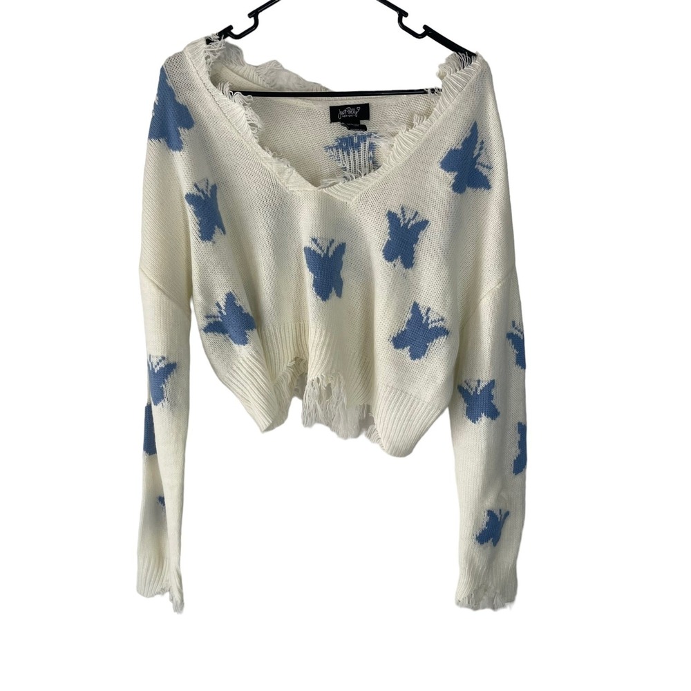 Just Polly Women White Blue Butterfly Distressed Cropped V-Neck‎ Sweater Large
